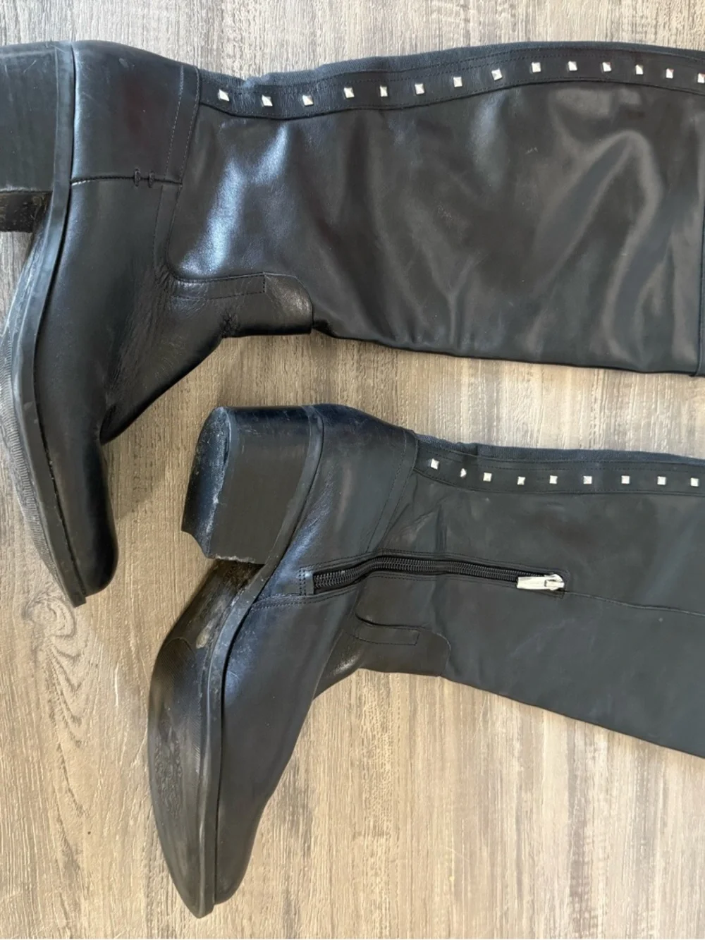 Vince Camuto Black Knee-High Studded Leather Riding Boots
